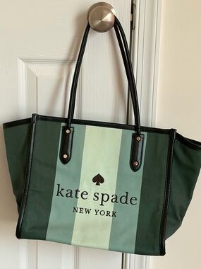 kate spade Green Stripe Canvas Tote with Black Trim